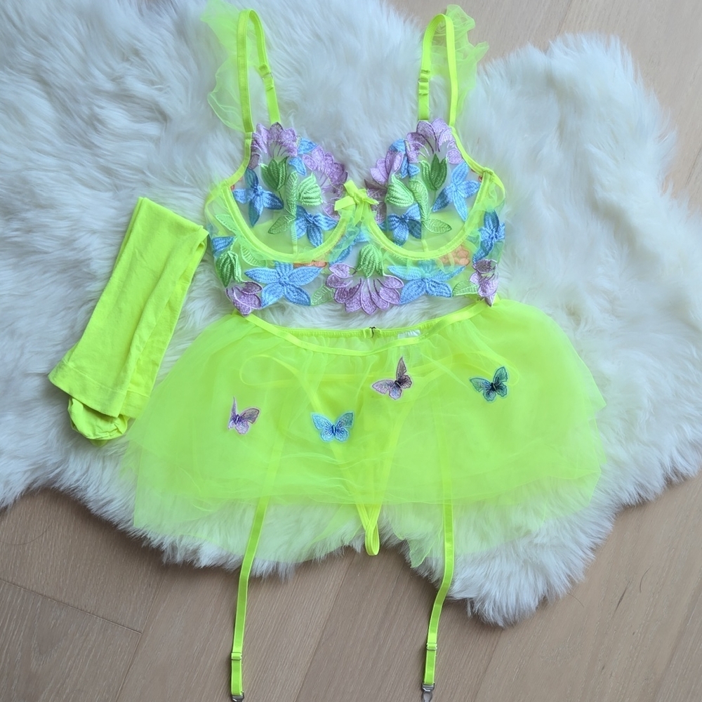 Neon Yellow Butterfly Lingerie Set